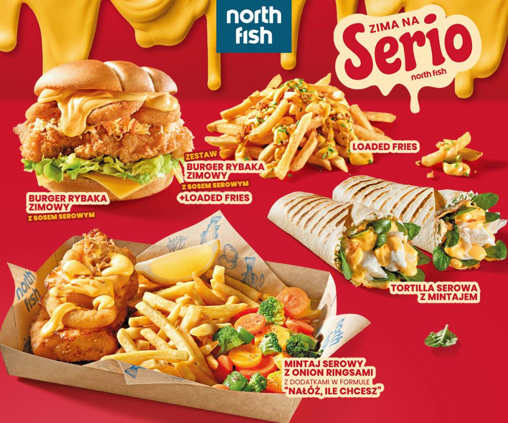 Kreacja graficzna przedstawiająca ofertę „Zima na serio” w restauracji North Fish.