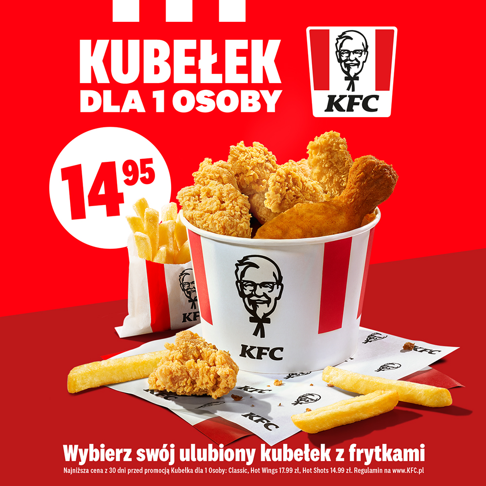 Kreacja graficzna przedstawiająca ofertę „KUBEŁEK DLA 1 OSOBY za 14,95 zł” w restauracji KFC.