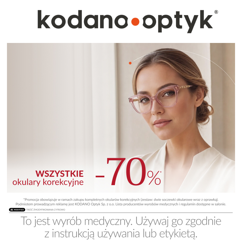 70% na WSZYSTKIE okulary korekcyjne w Kodano Optyk.