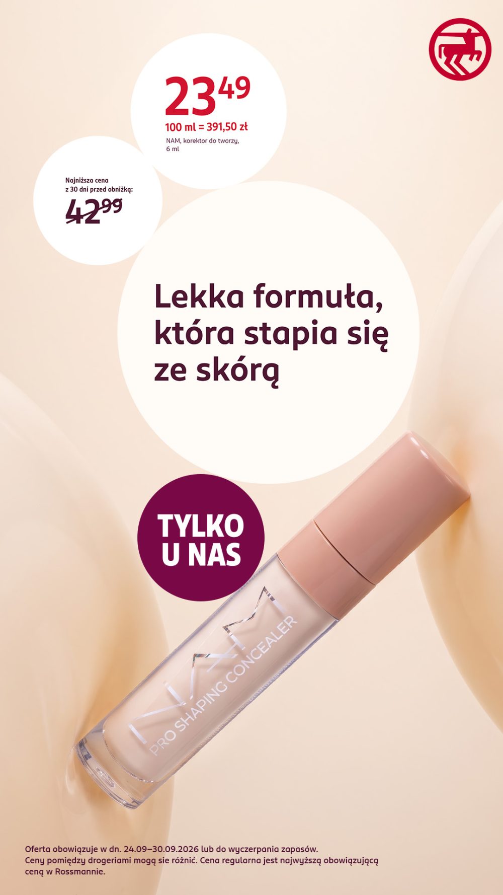 Grafika promująca ofertę „Tylko w Rossmannie” na wybrane kosmetyki, produkty higieniczne i suplementy diety, ważną do 30 września 2026 r.