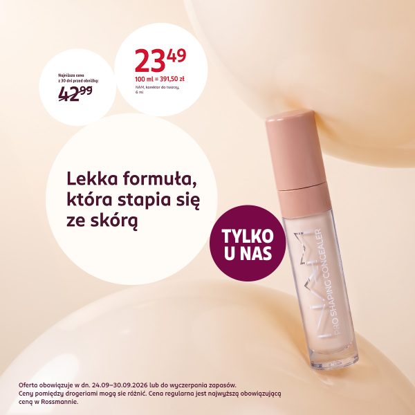 Grafika promująca ofertę „Tylko w Rossmannie” na wybrane kosmetyki, produkty higieniczne i suplementy diety, ważną do 30 września 2026 r.