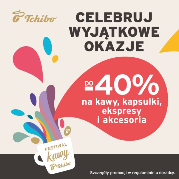 Grafika Festiwalu Kawy Tchibo z hasłem „Celebruj wyjątkowe okazje” i rabatem do 40% na kawy, kapsułki, ekspresy i akcesoria.
