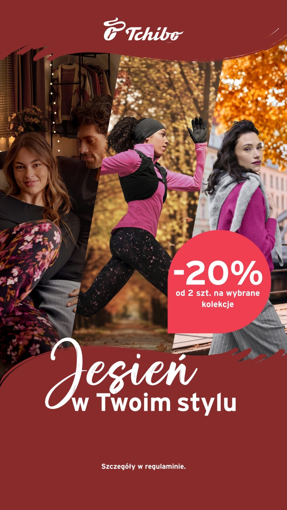 Grafika Tchibo z jesiennymi stylizacjami i hasłem „Jesień w Twoim stylu” oraz informacją o rabacie 20% od 2 sztuk z wybranych kolekcji.