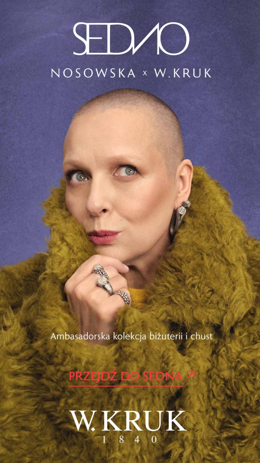 Katarzyna Nosowska prezentuje kolczyki i pierścionki z kolekcji SEDNO NOSOWSKA × W.KRUK na fioletowym tle.