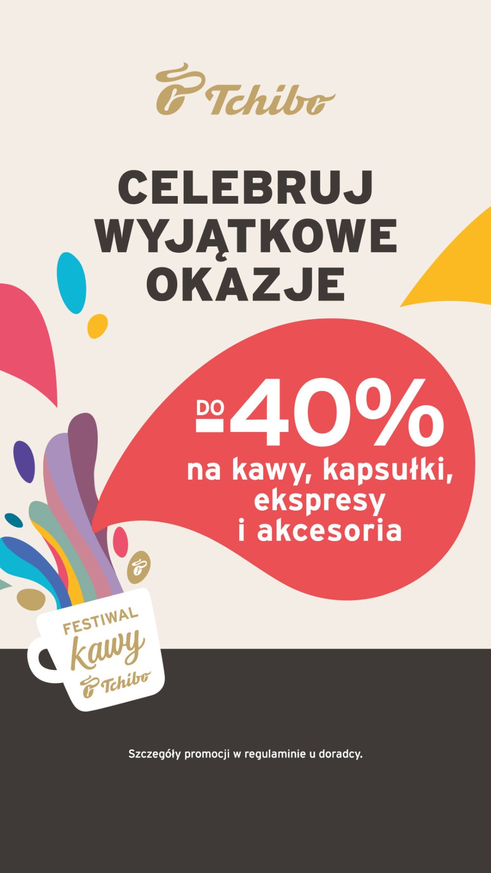 Grafika Festiwalu Kawy Tchibo z hasłem „Celebruj wyjątkowe okazje” i rabatem do 40% na kawy, kapsułki, ekspresy i akcesoria.