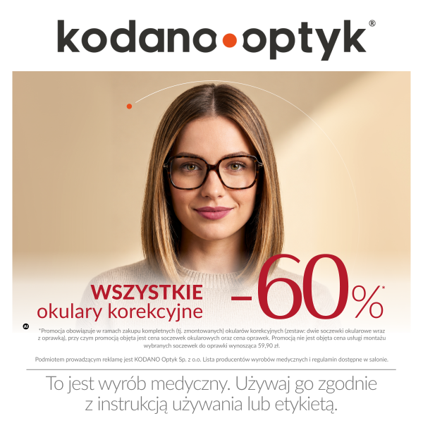 Kobieta w okularach korekcyjnych na grafice KODANO Optyk z informacją o rabacie 60% na oprawki i soczewki przy zakupie kompletnych okularów.