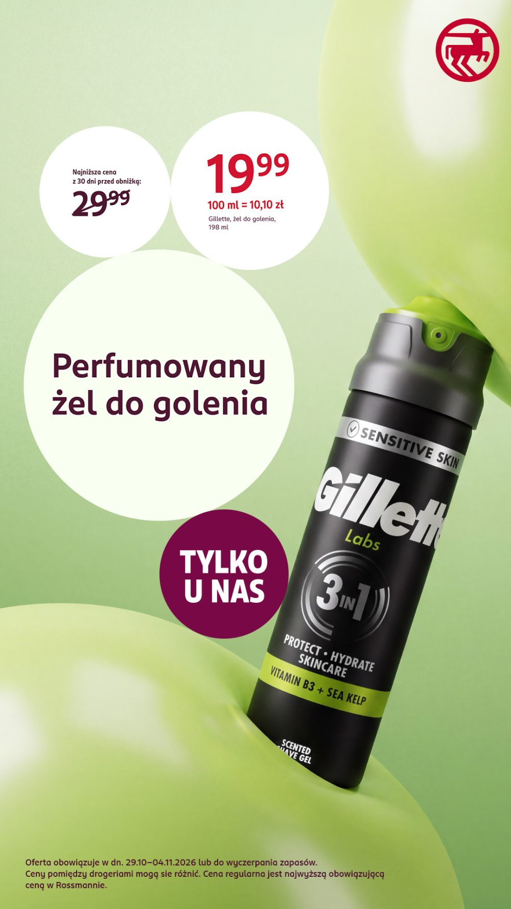Żel do golenia Gillette Labs Sensitive Skin 3w1 na zielonym tle. Oferta Rossmann: 198 ml za 19,99 zł.