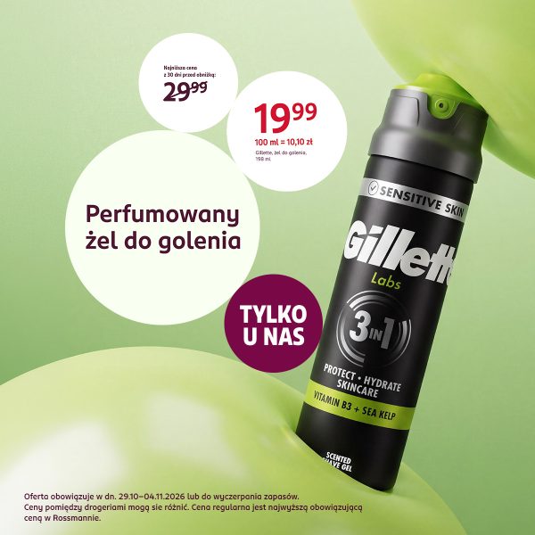 Żel do golenia Gillette Labs Sensitive Skin 3w1 na zielonym tle. Oferta Rossmann: 198 ml za 19,99 zł.