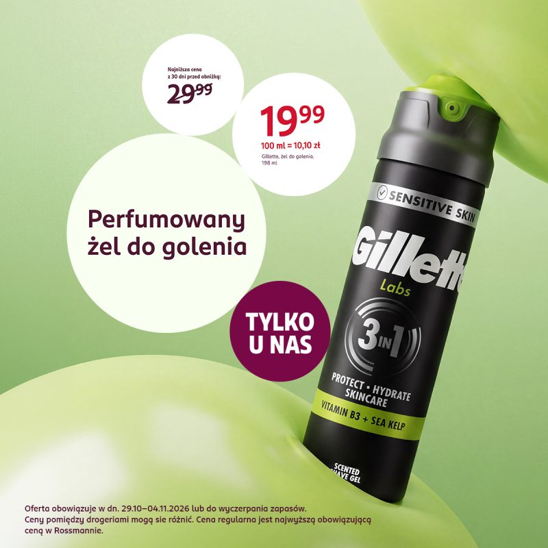 Żel do golenia Gillette Labs Sensitive Skin 3w1 na zielonym tle. Oferta Rossmann: 198 ml za 19,99 zł.