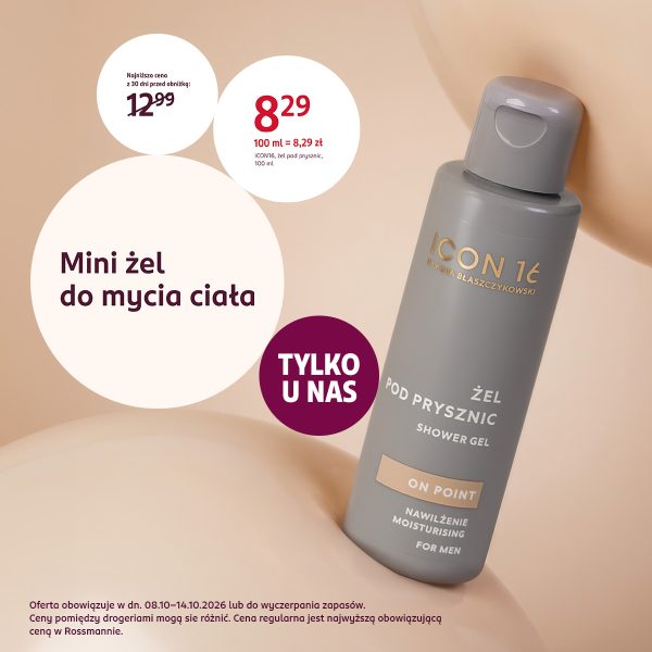 Żel pod prysznic ICON16 by Kuba Błaszczykowski On Point, 100 ml, za 8,29 zł. Napisy: „Mini żel do mycia ciała” i „Tylko u nas”.