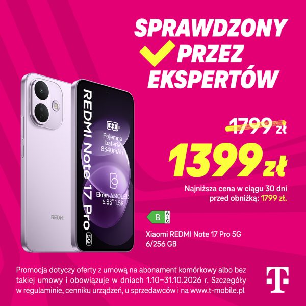 Smartfon Xiaomi REDMI Note 17 Pro 5G 6/256 GB na grafice T-Mobile z ceną promocyjną 1399 zł i hasłem „Sprawdzony przez ekspertów”.