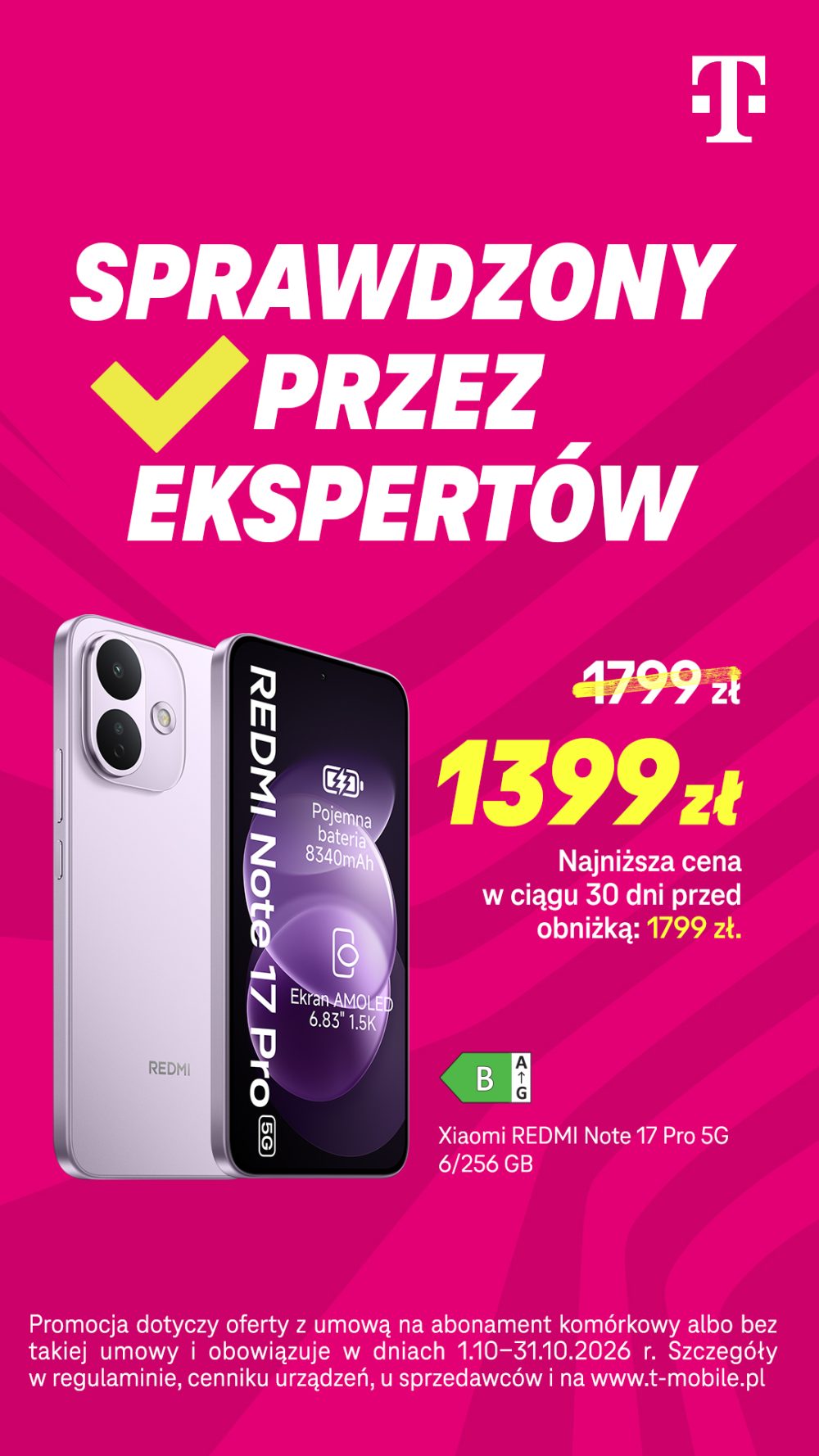 Smartfon Xiaomi REDMI Note 17 Pro 5G 6/256 GB na grafice T-Mobile z ceną promocyjną 1399 zł i hasłem „Sprawdzony przez ekspertów”.