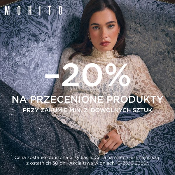 Modelka w kremowej koronkowej bluzce. MOHITO: 20% rabatu na przecenione produkty przy zakupie minimum 2 dowolnych sztuk, 19–25.10.2026.