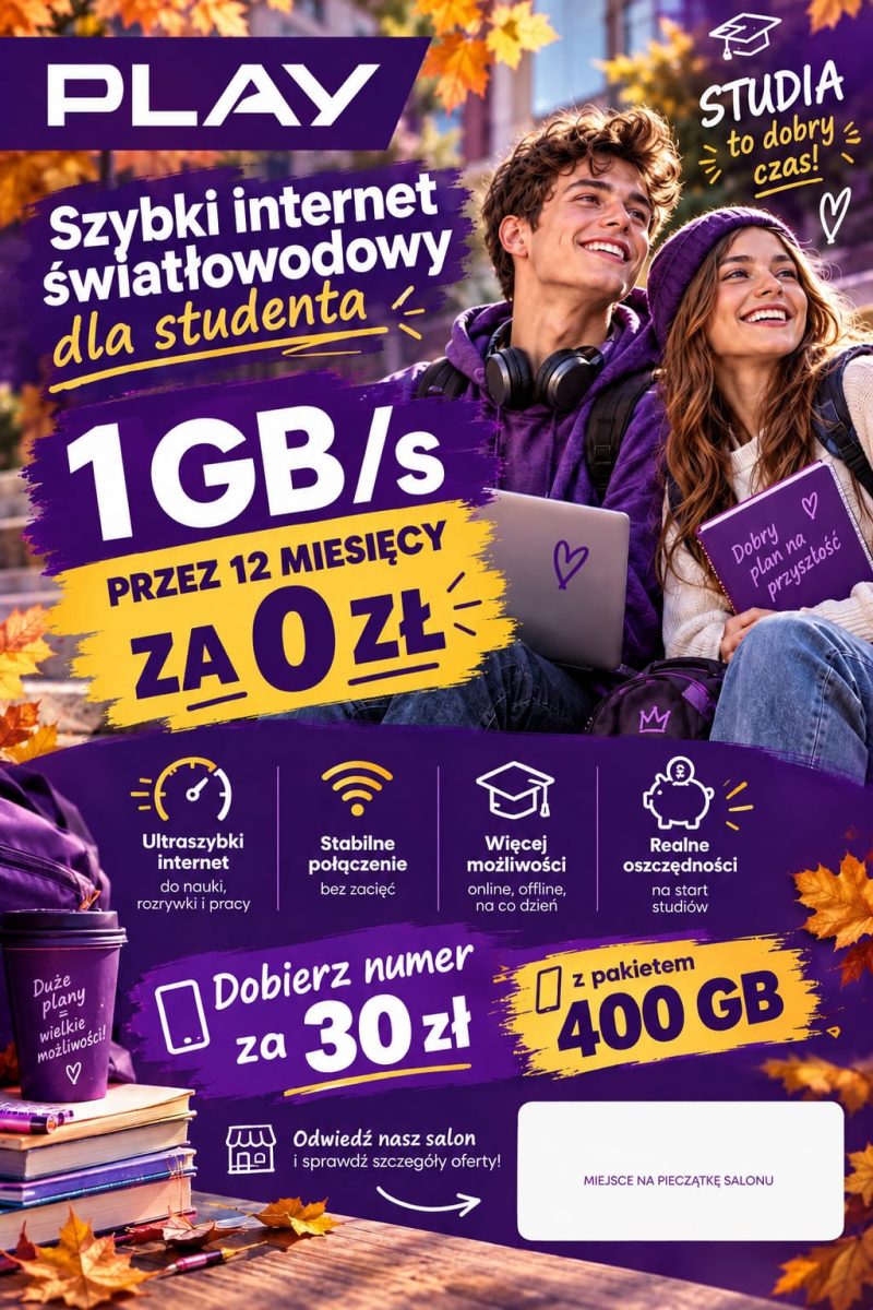 Grafika Play z dwojgiem młodych ludzi: internet światłowodowy dla studentów przez 12 miesięcy za 0 zł oraz dodatkowy numer za 30 zł z pakietem 400 GB.